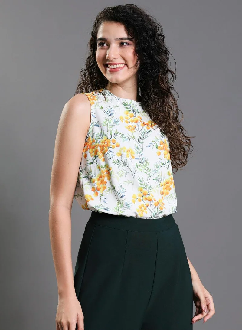 زجزاج Sleeveless Yellow Floral Printed Top